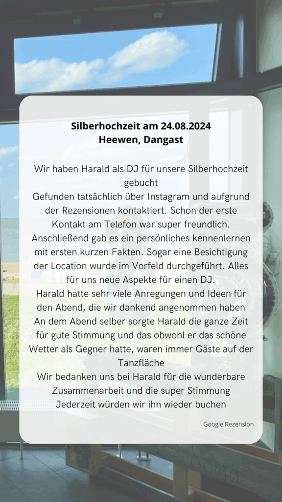 Kundenbewertung einer Hochzeitsfeier mit DJ Harald Braun im August 2024