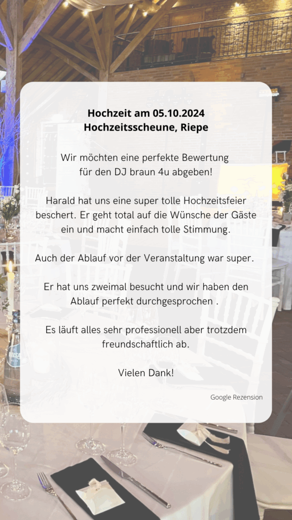 Screenshot einer Google-Rezension zur Oktoberhochzeit mit DJ Harald Braun