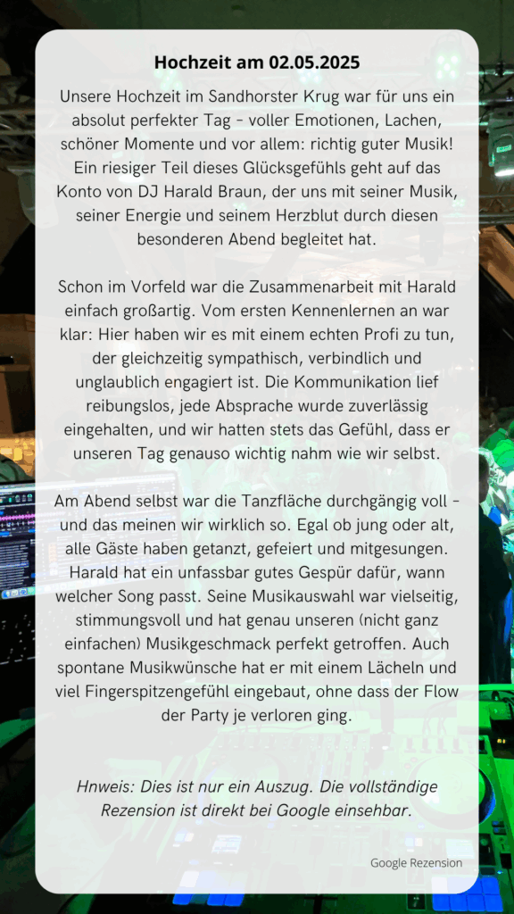 Foto einer Google-Rezension zur Hochzeit mit DJ Harald Braun im Sandhorster Krug